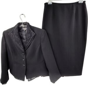 Liz‎ Claiborne Vintage Black Lace Trim 3 Button Whimsy  Midi Shirt Set Suit